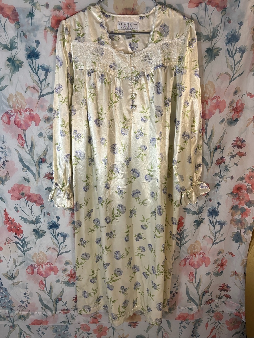 Vintage Women's Floral Satin Nightgown — Cream with Blue Floral